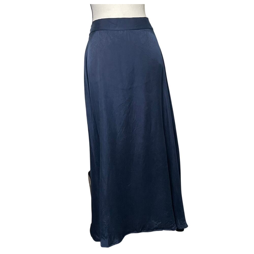 Amour Vert Navy Blue Cupro Silky Satin Maxi Skirt Size Large Elastic Waist - Picture 3 of 11